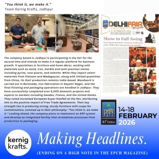 𝐅𝐫𝐨𝐦 𝐛𝐚𝐫𝐞 𝐰𝐚𝐥𝐥𝐬 𝐭𝐨 𝐚 𝐰𝐨𝐫𝐥𝐝-𝐜𝐥𝐚𝐬𝐬 𝐬𝐭𝐚𝐠𝐞.

They say a piece of furniture is just wood and metal until it tells a story. 𝙏𝙝𝙞𝙨 𝙬𝙚𝙚𝙠 𝙖𝙩 𝙄𝙃𝙂𝙁 𝘿𝙚𝙡𝙝𝙞 𝙁𝙖𝙞𝙧 2026, our story found its voice.

We started with an empty stall and a vision—to bring the soul of Jodhpur’s craftsmanship to the global spotlight. By the final day, those empty spaces were filled with more than just our designs; they were filled with handshakes from across borders, the spark of new partnerships, and the shared language of design.

𝘼 𝙨𝙥𝙚𝙘𝙞𝙖𝙡 𝙣𝙤𝙩𝙚 𝙤𝙛 𝙜𝙧𝙖𝙩𝙞𝙩𝙪𝙙𝙚 𝙩𝙤 EPCH India.
Thank you for providing the canvas where Indian heritage meets international ambition. To be featured in the EPCH magazine was a moment of pride for the entire Kernig Krafts family—a reminder that when you stay true to the craft, the world takes notice.

From the first bolt tightened during setup to the final interview in the morning news, this journey was made possible by our incredible team and every visitor who stopped to admire a curve, a texture, or a finish.

𝙅𝙤𝙙𝙝𝙥𝙪𝙧 𝙞𝙨 𝙬𝙝𝙚𝙧𝙚 𝙤𝙪𝙧 𝙝𝙚𝙖𝙧𝙩 𝙞𝙨, 𝙗𝙪𝙩 𝙩𝙝𝙚 𝙬𝙤𝙧𝙡𝙙 𝙞𝙨 𝙬𝙝𝙚𝙧𝙚 𝙤𝙪𝙧 𝙛𝙪𝙧𝙣𝙞𝙩𝙪𝙧𝙚 𝙡𝙞𝙫𝙚𝙨.

📩 Are you looking for a manufacturing partner who understands both scale and soul? Let’s build something iconic together. Mail us at:

𝙖𝙣𝙪𝙥@𝙠𝙚𝙧𝙣𝙞𝙜𝙠𝙧𝙖𝙛𝙩𝙨.𝙘𝙤𝙢 Anup Garg
𝙨𝙝𝙞𝙨𝙝𝙞𝙧@𝙠𝙚𝙧𝙣𝙞𝙜𝙠𝙧𝙖𝙛𝙩𝙨.𝙘𝙤𝙢 Shishir Agrawal
𝙨𝙖𝙡𝙚𝙨@𝙠𝙚𝙧𝙣𝙞𝙜𝙠𝙧𝙖𝙛𝙩𝙨.𝙘𝙤𝙢 Jitendra Sharma
𝙤𝙧𝙙𝙚𝙧𝙨@𝙠𝙚𝙧𝙣𝙞𝙜𝙠𝙧𝙖𝙛𝙩𝙨.𝙘𝙤𝙢 Devesh Kalla
𝙩𝙧𝙖𝙙𝙚@𝙠𝙚𝙧𝙣𝙞𝙜𝙠𝙧𝙖𝙛𝙩𝙨.𝙘𝙤𝙢 Angelo Fred Smith