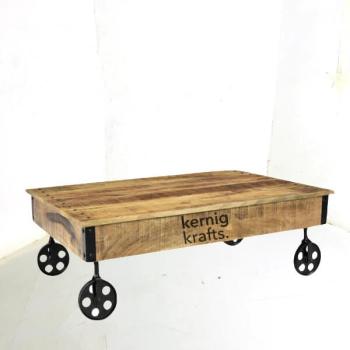 COFT24446 Cast Iron Mango Wood Top Movable Wheel Coffee Table
