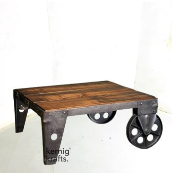COFT43074 Cast Iron Mango Wood Wheel Coffee Table