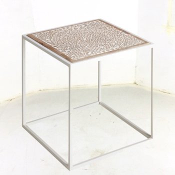 ENDT37291 Metal with Hand Carved Wood Top Industrial End Table