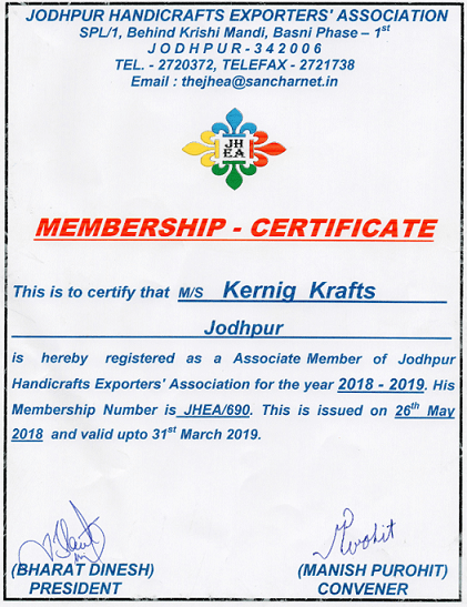Kernig Krafts Jodhpur Handicrafts Exporters Association Certificate