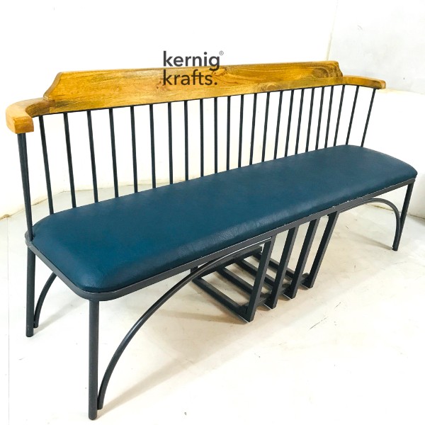 Industrial Bench With Upholstered Seat and Wooden Back