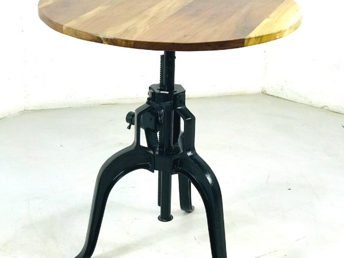 Crank Adjustable Height Cafe Table Cast Iron Round Wooden Top