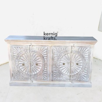 SDBA22702 White Wash Mango Wood Sideboard With Hand Carving