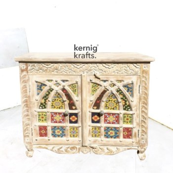 SDBA58985 White Wash Mango Wood Sideboard With Hand Carving and Tile Work