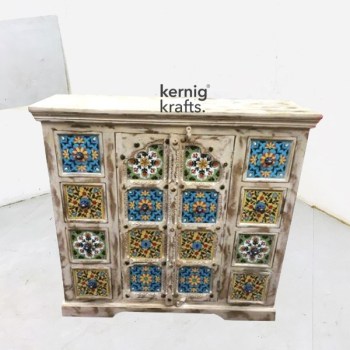 SDBA91398 White Wash Mango Wood Sideboard With Hand Carving and Tile Work