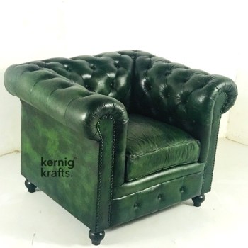 SOFA51748 Single Seater Premium Goat Leather Vintage Finish Classic Distress Green Chesterfield Sofa