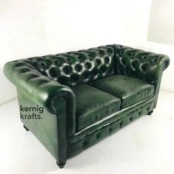 SOFA57486 Two Seater Premium Goat Leather Vintage Finish Classic Distress Green Chesterfield Sofa