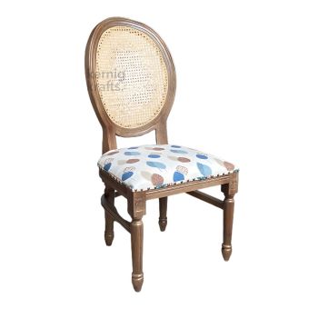 French Vintage Cane Elegance Chair – A handcrafted wooden furniture chair with a natural cane seat, upholstered cushion, and vintage design by Kernig Krafts Furniture Jodhpur.